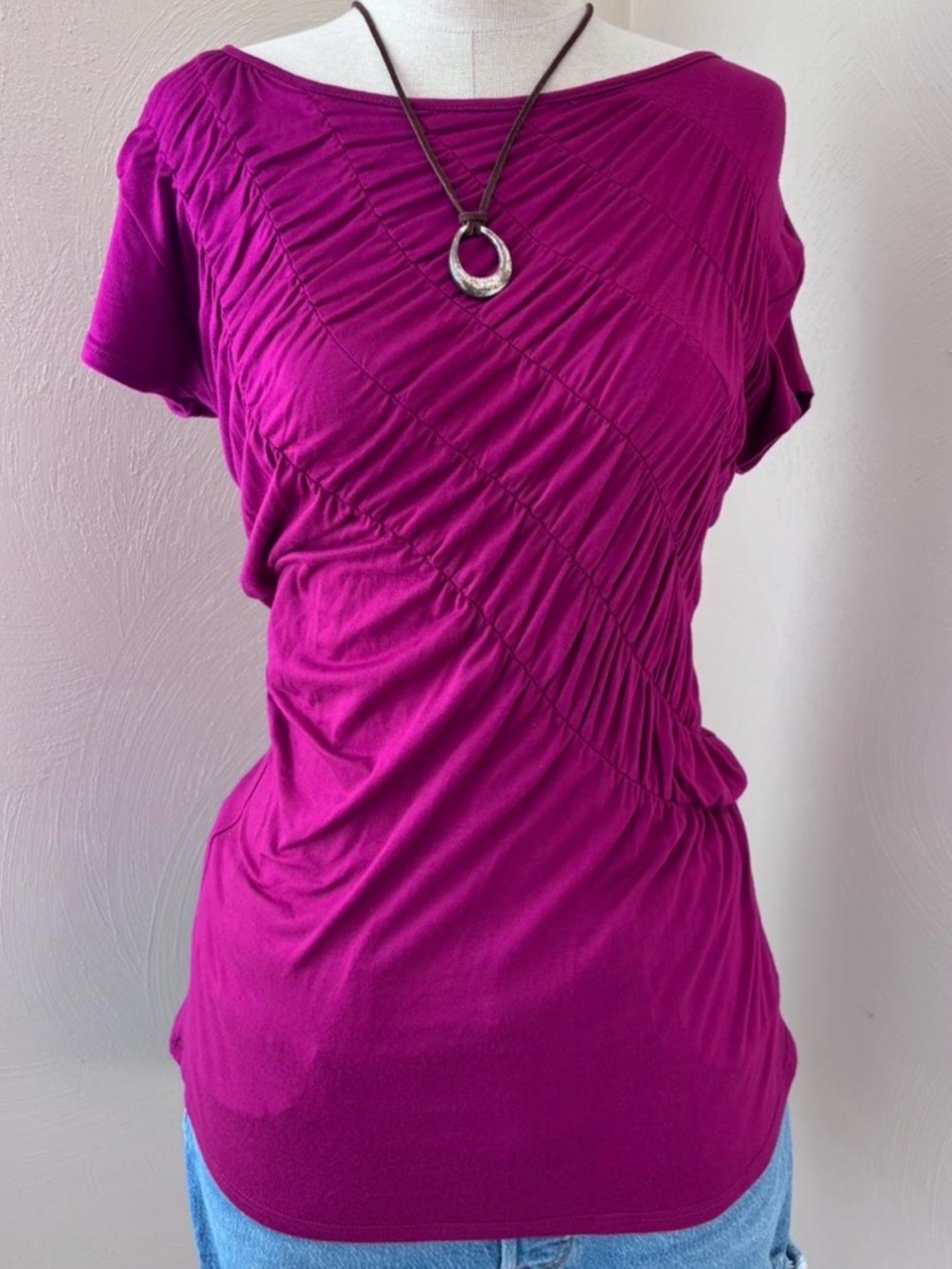 Olivia Moon Magenta Ruched Short Sleeve Top